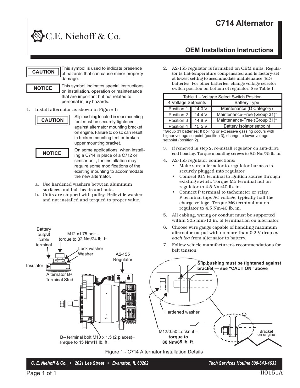 C.E. Niehoff & Co. C714 Alternator OEM Installation User Manual | 1 page
