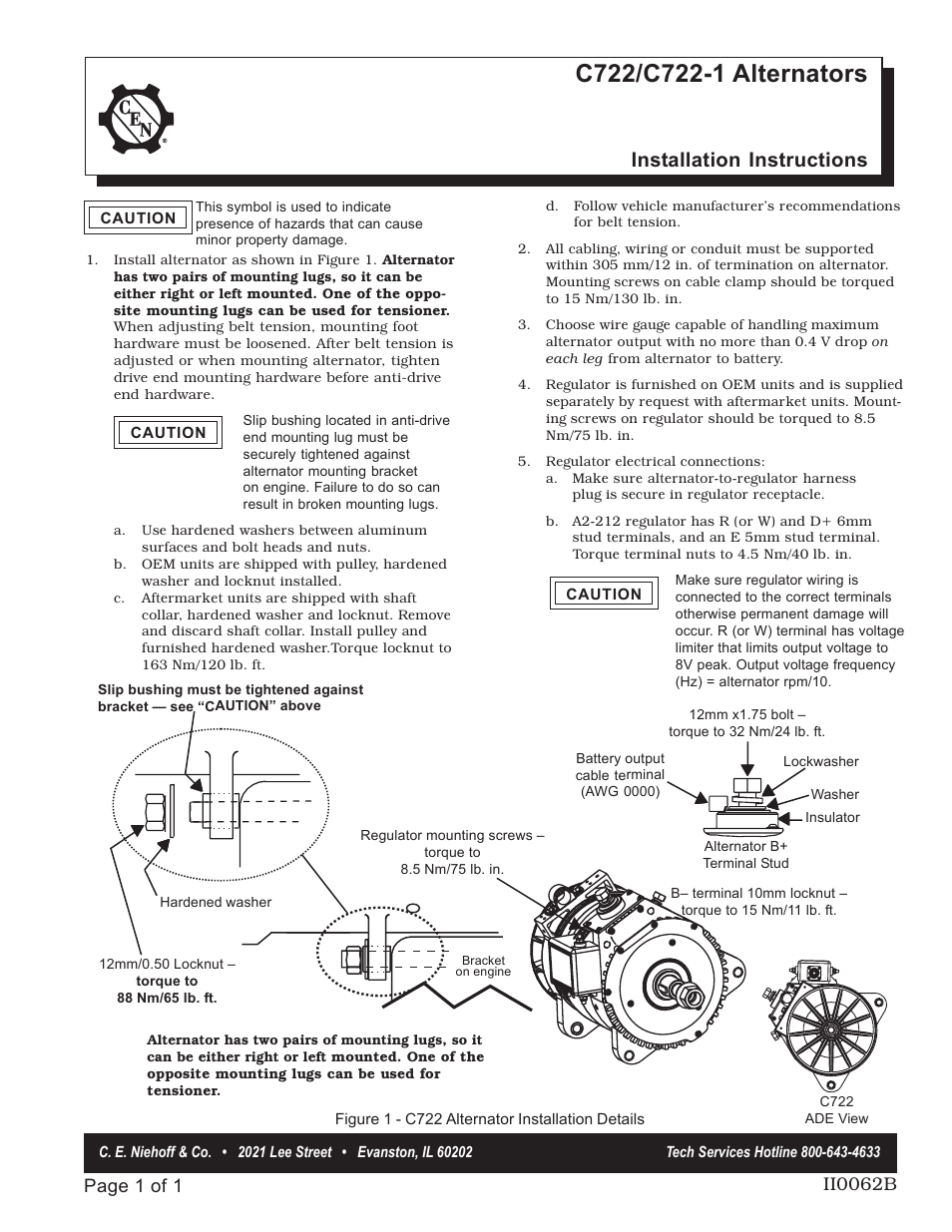 C.E. Niehoff & Co. C722 Alternator Installation User Manual | 1 page