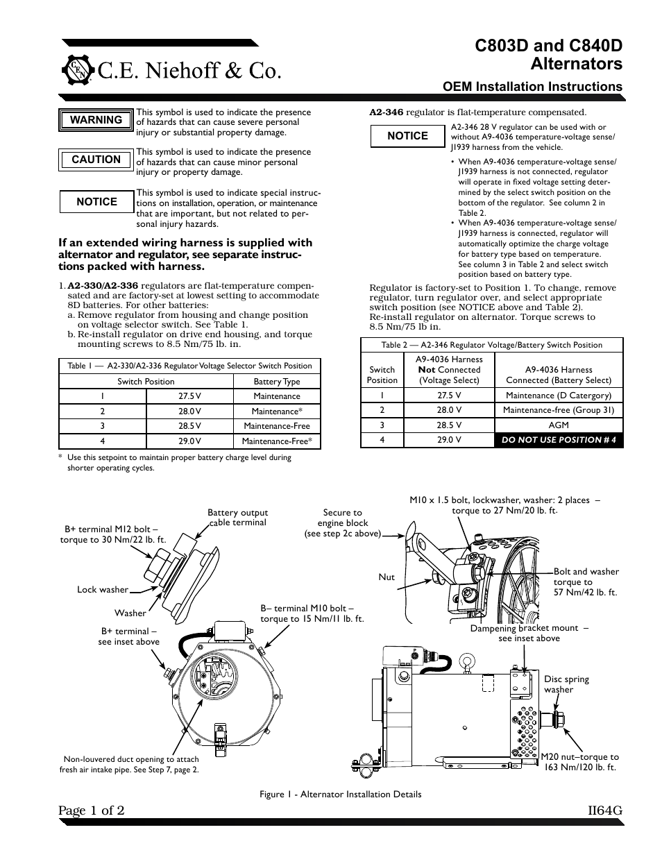 C.E. Niehoff & Co. C803D/C840D Alternator OEM Installation User Manual | 2 pages