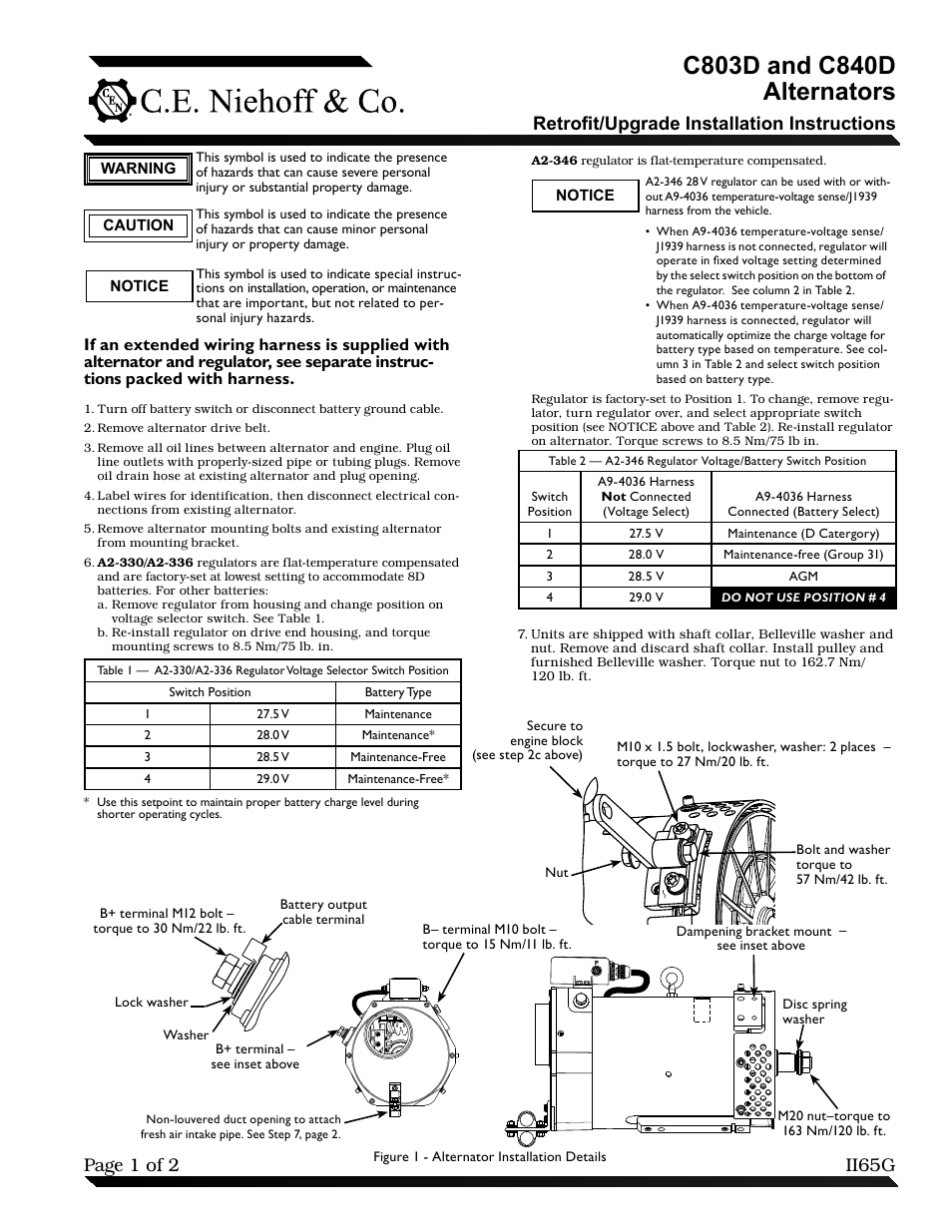 C.E. Niehoff & Co. C803D/C840D Alternator Retrofit/Upgrade Installation User Manual | 2 pages