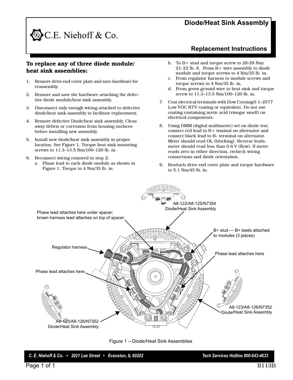 C.E. Niehoff & Co. Diode Heat Sink Assy Replacement Instructions User Manual | 1 page