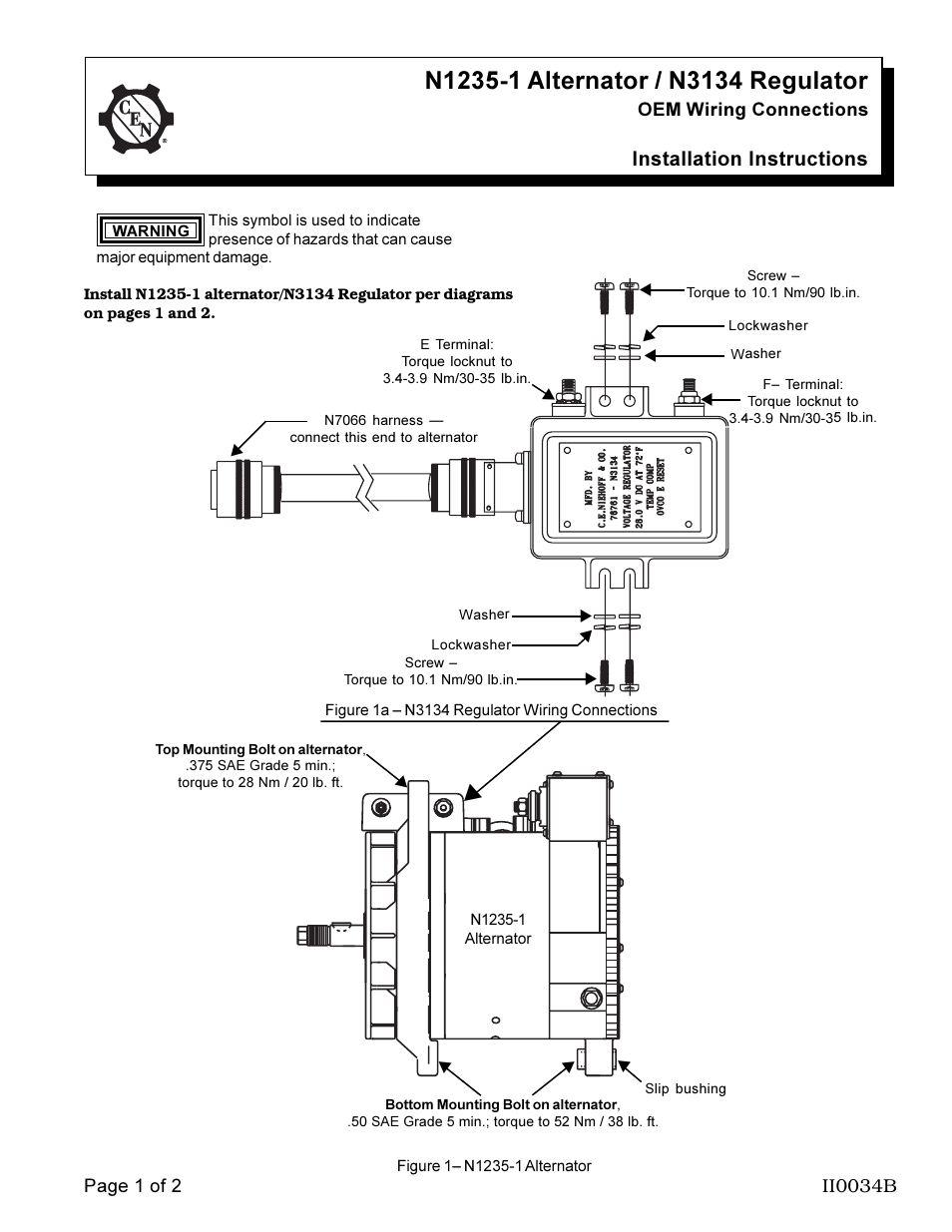 C.E. Niehoff & Co. N1235-1 Alternator/N3134 Regulator Installation User Manual | 2 pages
