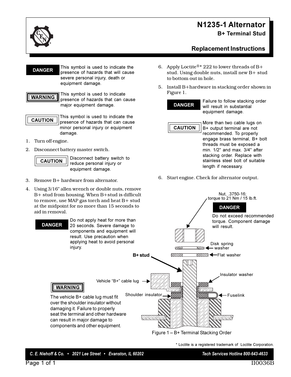 C.E. Niehoff & Co. N1235-1 B+ Terminal Stud Replacement Instructions User Manual | 1 page