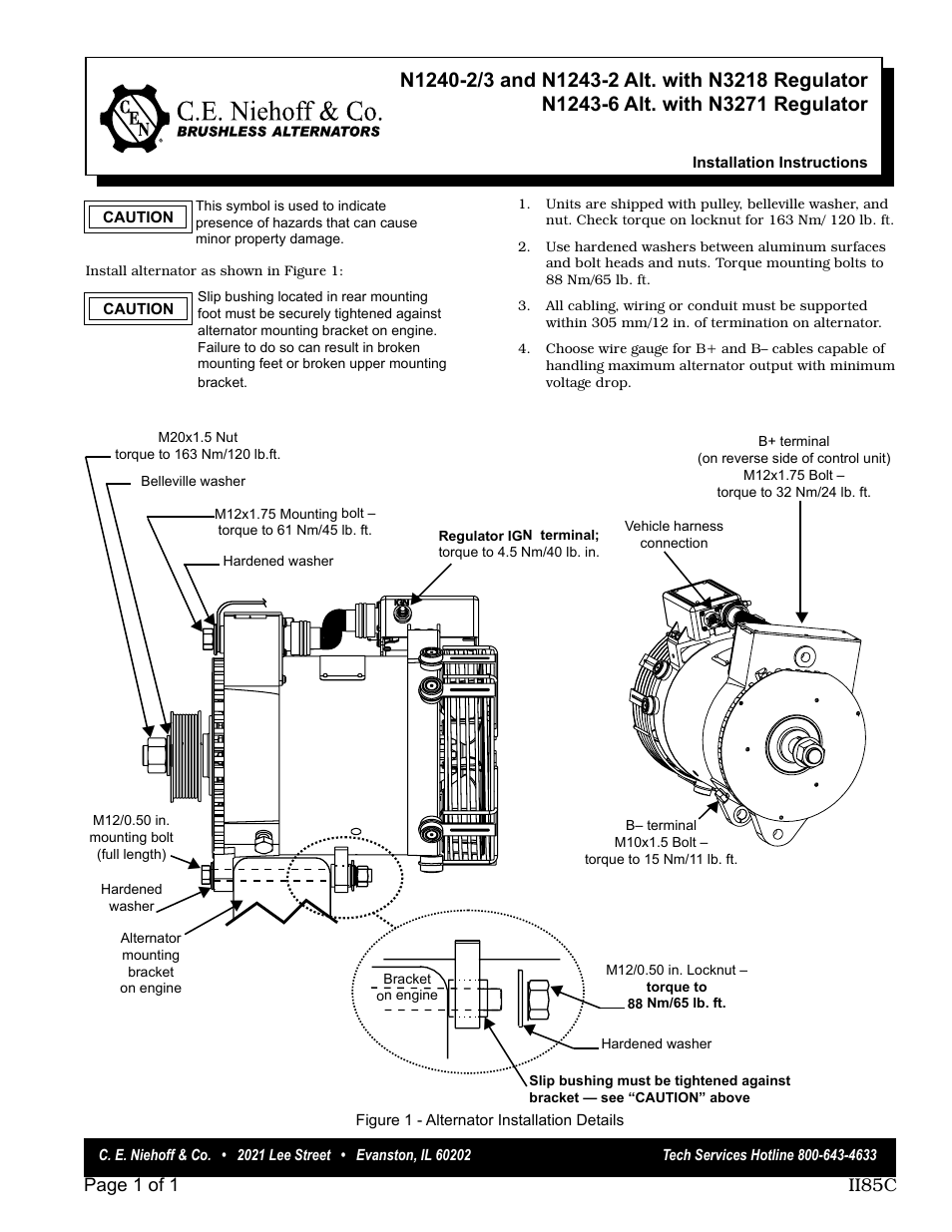 C.E. Niehoff & Co. N1240-2/3 & N1243-2/6 Alternators Installation User Manual | 1 page