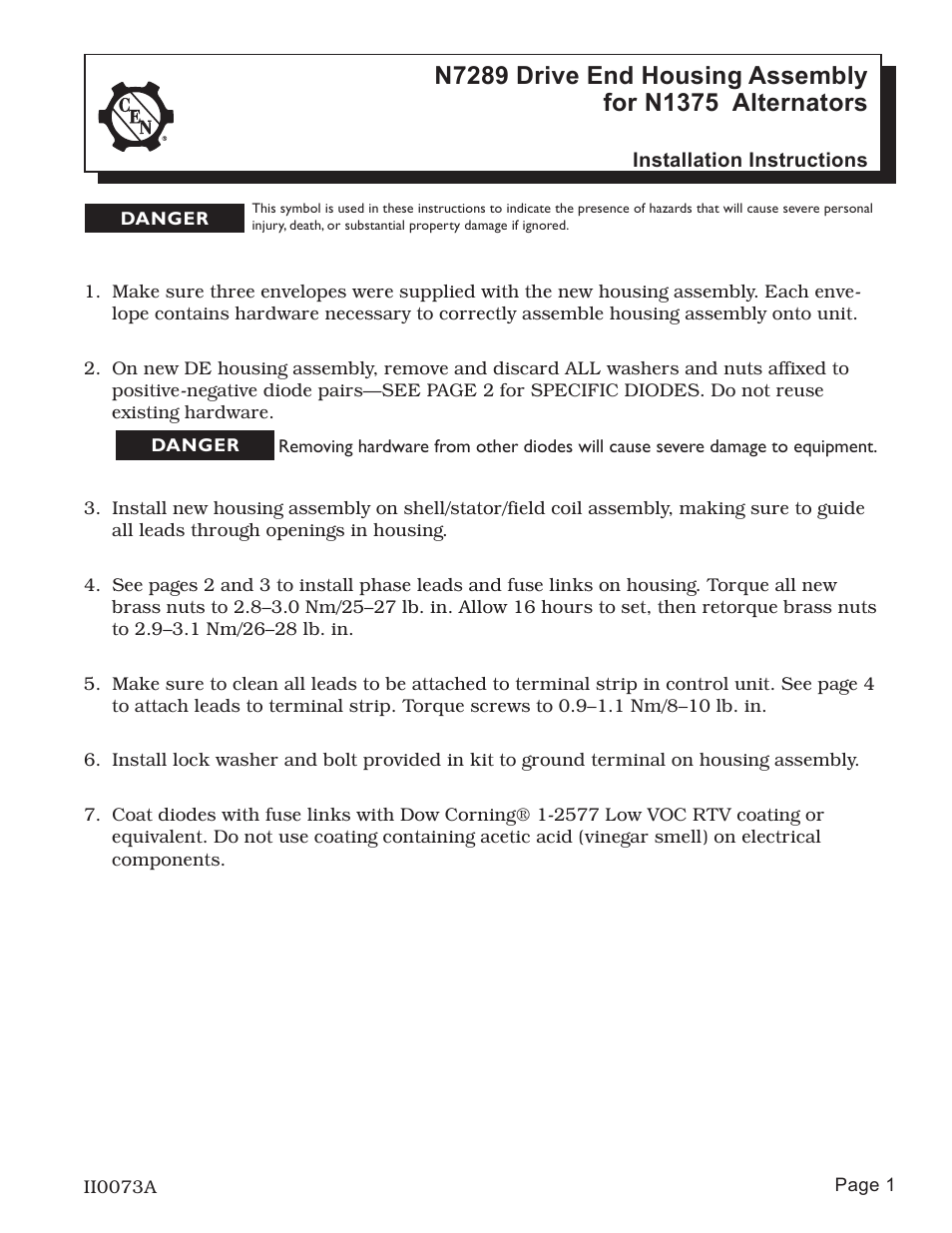 C.E. Niehoff & Co. N1375: N7289 DE Housing Installation User Manual | 4 pages