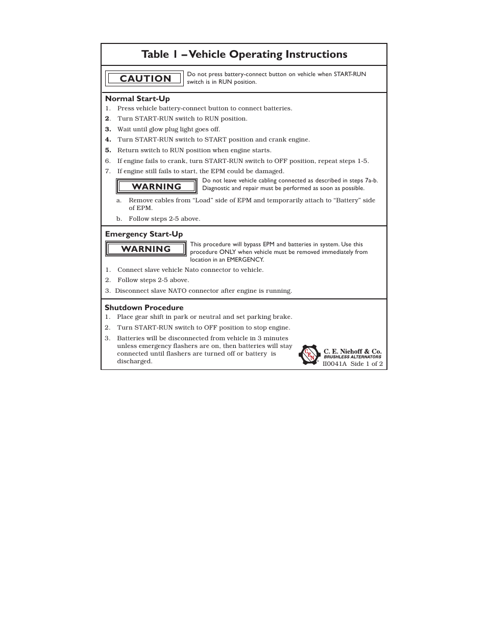 C.E. Niehoff & Co. N1387 Alternator/EPM Operating Reference Card User Manual | 2 pages
