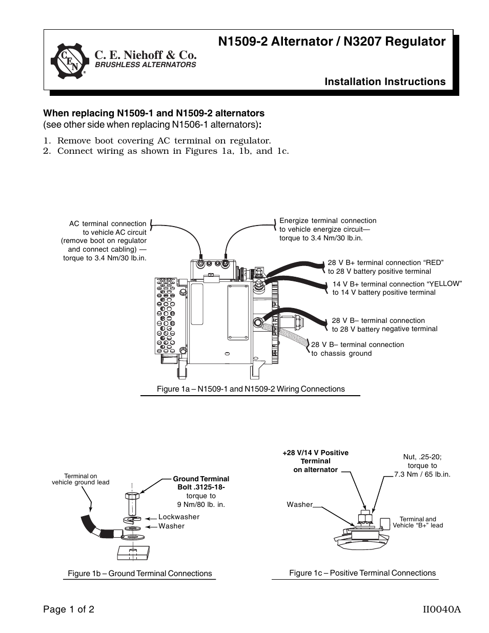 C.E. Niehoff & Co. N1509-2 Alternator Installation User Manual | 2 pages