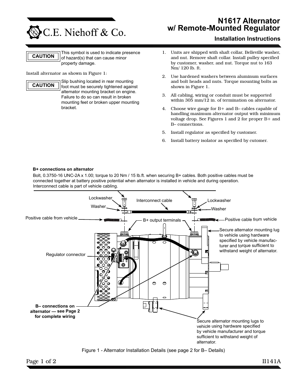 C.E. Niehoff & Co. N1617 Alternator/N3264 Regulator Installation User Manual | 2 pages