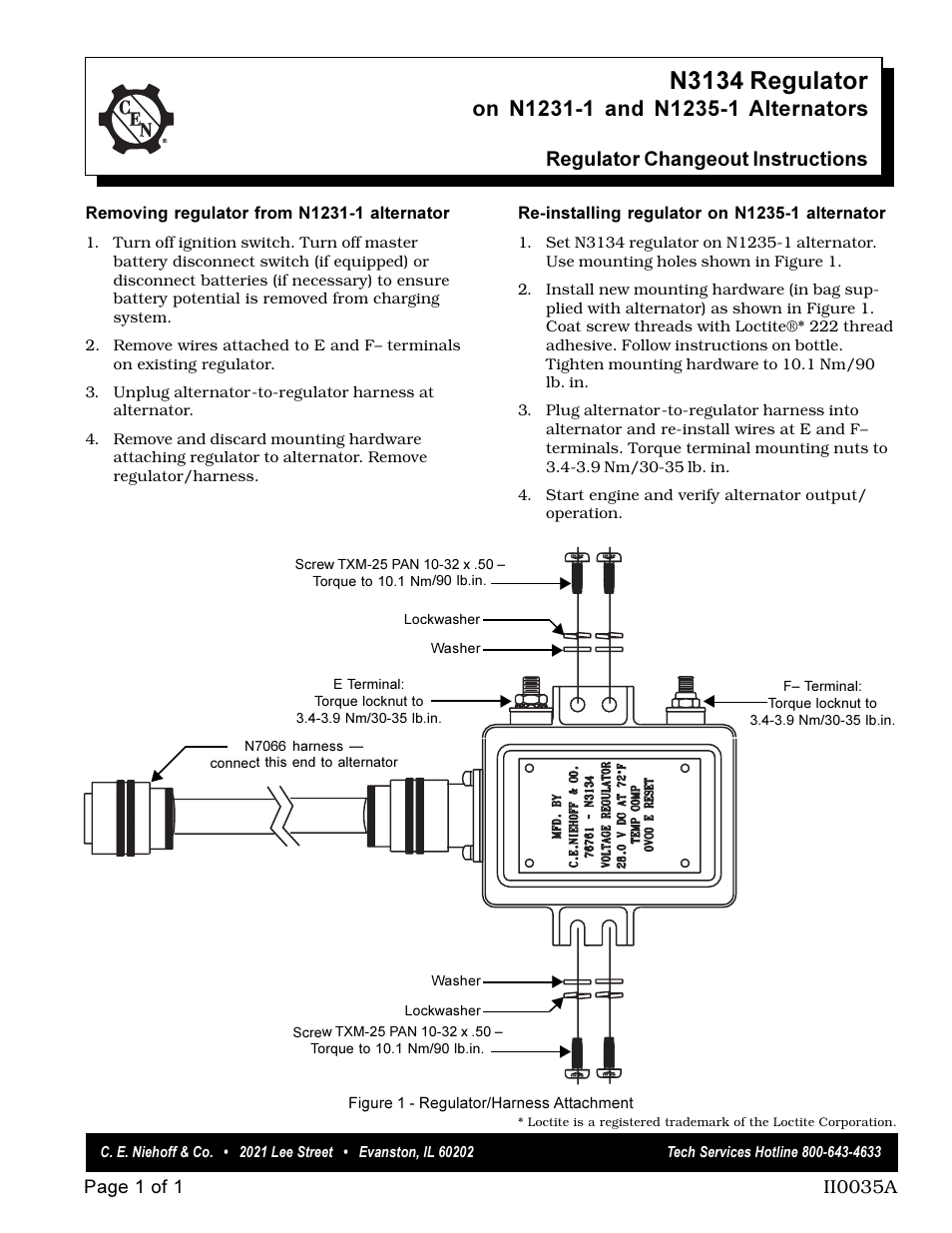 C.E. Niehoff & Co. N3134 Regulator Changeout Instructions User Manual | 1 page