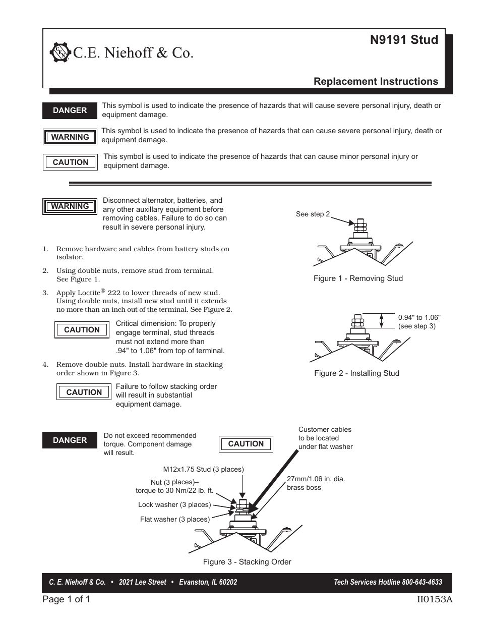 C.E. Niehoff & Co. N9191 Stud Replacement Instructions User Manual | 1 page