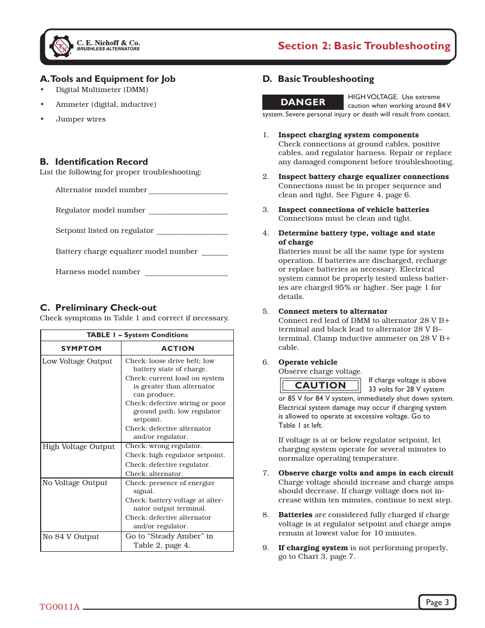 D. basic troubleshooting, C. preliminary check-out, A. tools and equipment for job | B. identification record, Danger caution | C.E. Niehoff & Co. C622 Troubleshooting Guides User Manual | Page 3 / 8