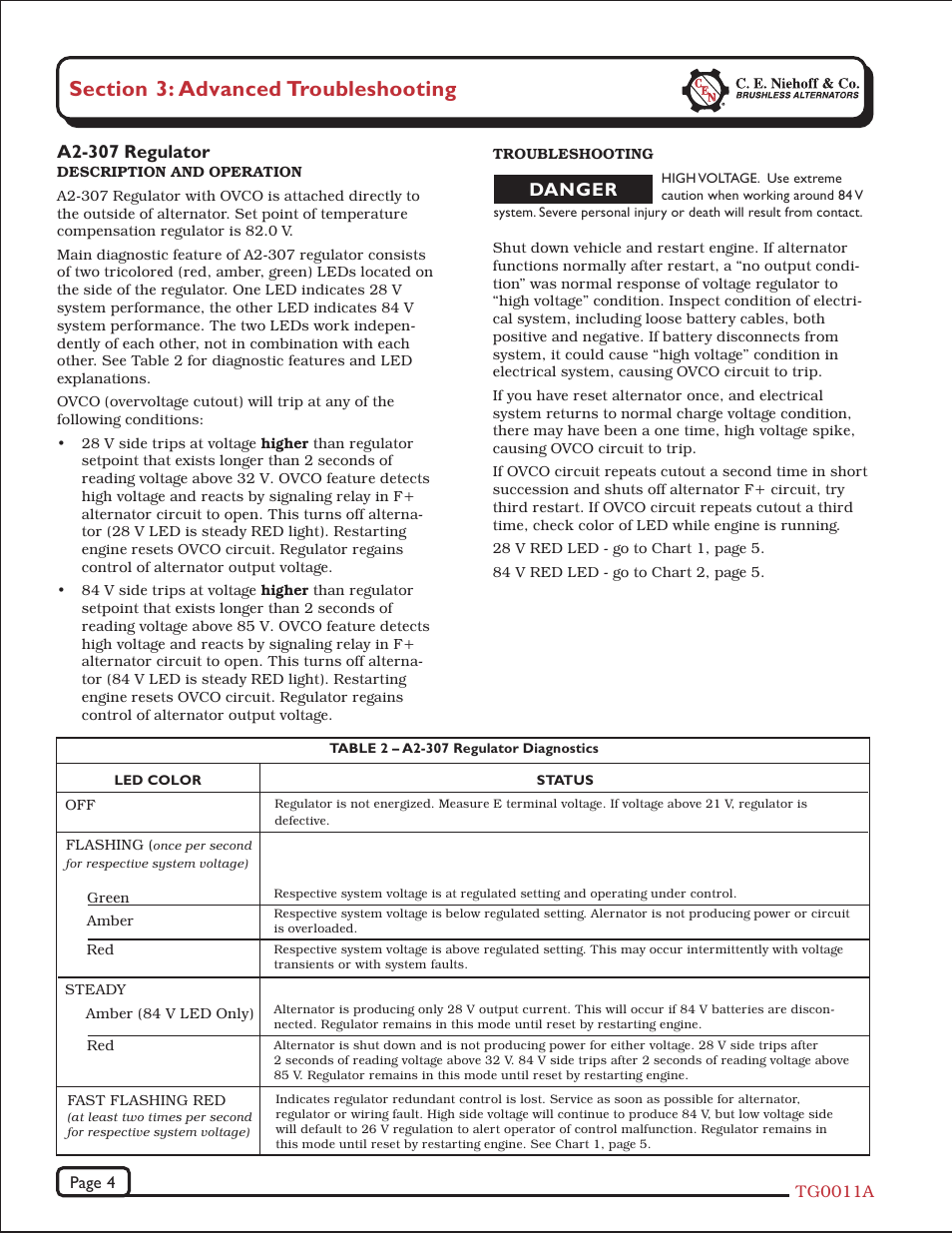 A2-307 regulator, Danger | C.E. Niehoff & Co. C622 Troubleshooting Guides User Manual | Page 4 / 8