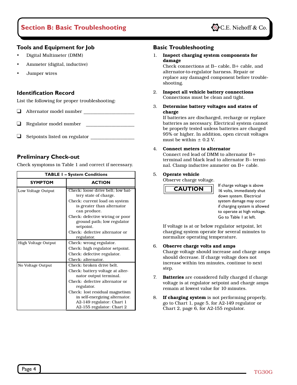 Basic troubleshooting, Preliminary check-out, Identification record | Caution, Tools and equipment for job | C.E. Niehoff & Co. C627/C628/C631/C656/C657/C658/C671/C680 Troubleshooting Guides User Manual | Page 4 / 7