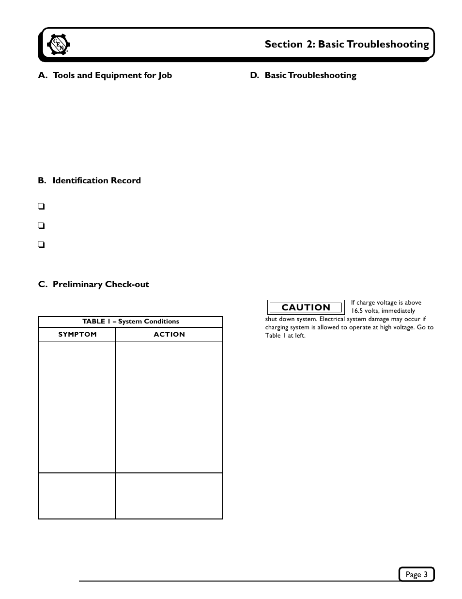 D. basic troubleshooting, Caution, C. preliminary check-out | A. tools and equipment for job, B. identification record | C.E. Niehoff & Co. C711/C712 Troubleshooting Guides User Manual | Page 3 / 8