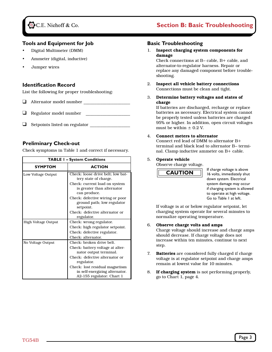 Basic troubleshooting, Preliminary check-out, Identification record | Caution, Tools and equipment for job | C.E. Niehoff & Co. C714 Troubleshooting Guides User Manual | Page 3 / 5
