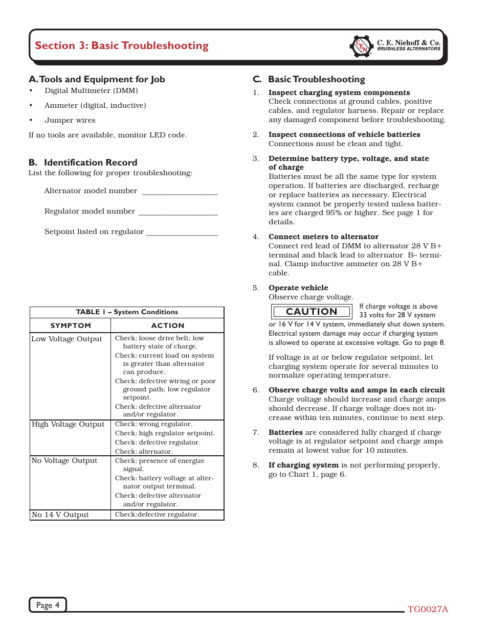 C. basic troubleshooting, A. tools and equipment for job, B. identification record | Caution | C.E. Niehoff & Co. N1128 Troubleshooting Guides User Manual | Page 4 / 8