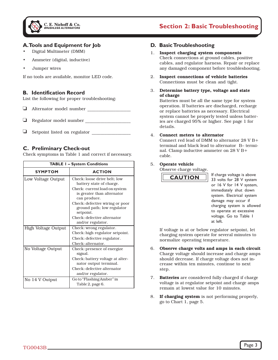 D. basic troubleshooting, C. preliminary check-out, A. tools and equipment for job | B. identification record, Caution | C.E. Niehoff & Co. N1241-1 Troubleshooting Guides User Manual | Page 3 / 8