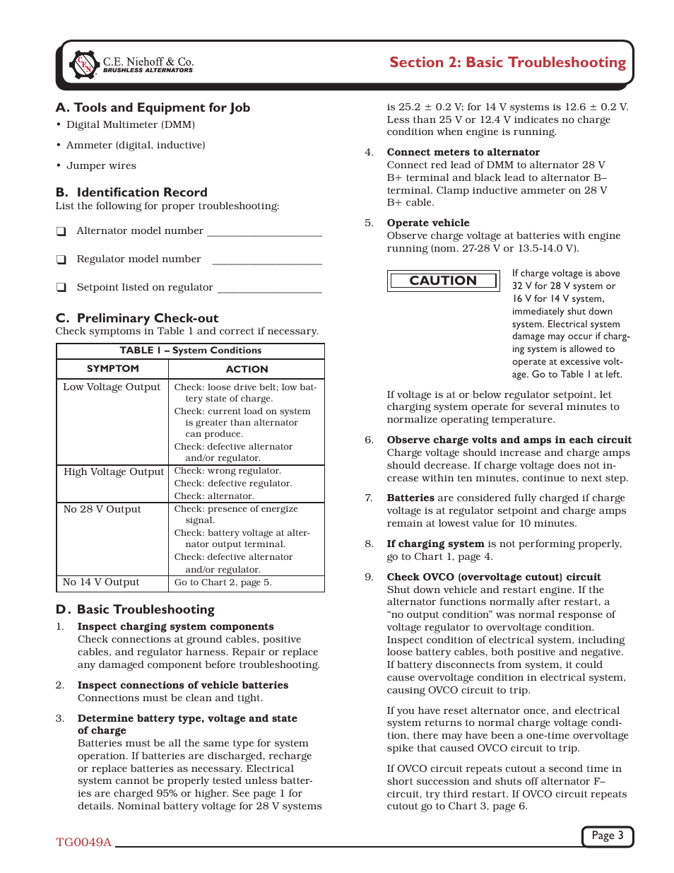 D . basic troubleshooting, C. preliminary check-out, A. tools and equipment for job | B. identifi cation record, Caution | C.E. Niehoff & Co. N1246-1 Troubleshooting Guides User Manual | Page 3 / 8
