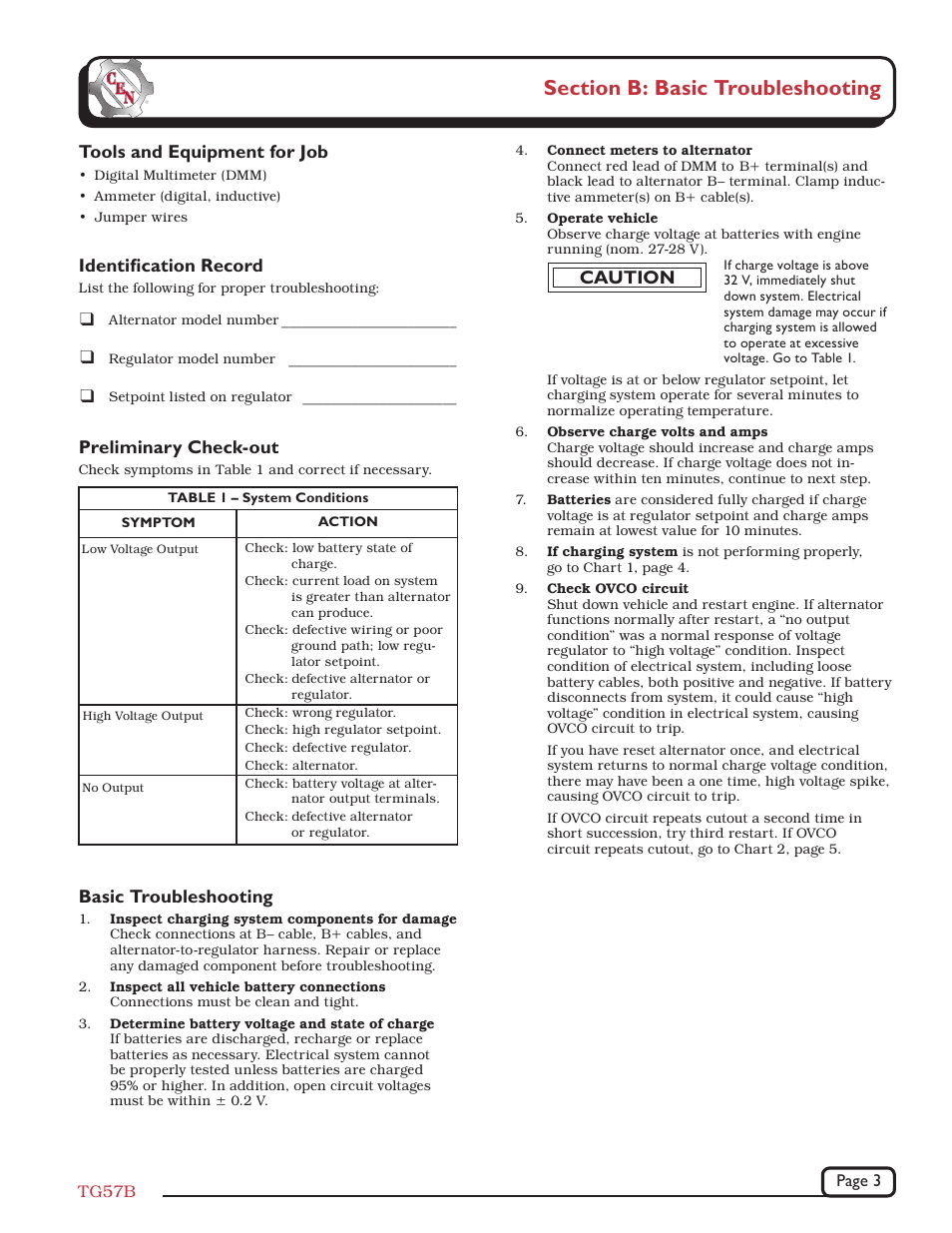 Basic troubleshooting, Preliminary check-out, Tools and equipment for job | Identifi cation record, Caution | C.E. Niehoff & Co. N1450 Troubleshooting Guides User Manual | Page 3 / 5
