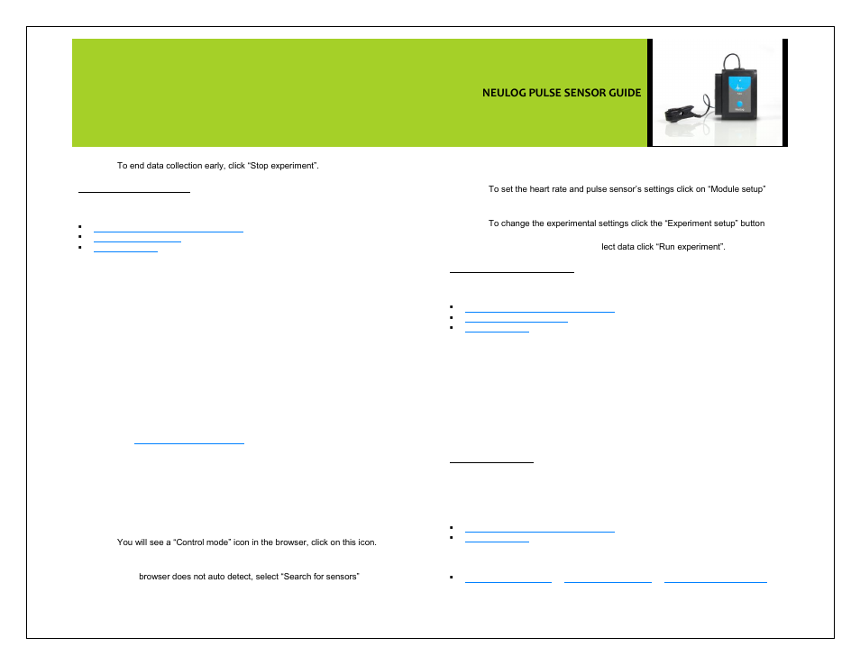 Neulog pulse sensor guide | Carolina NeuLog Heart Rate & Pulse User Manual | Page 2 / 4