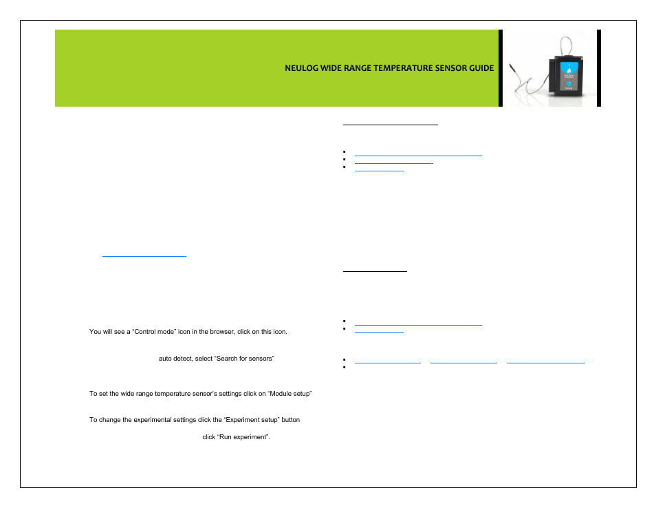 Neulog wide range temperature sensor guide | Carolina NeuLog High Temperature User Manual | Page 2 / 4