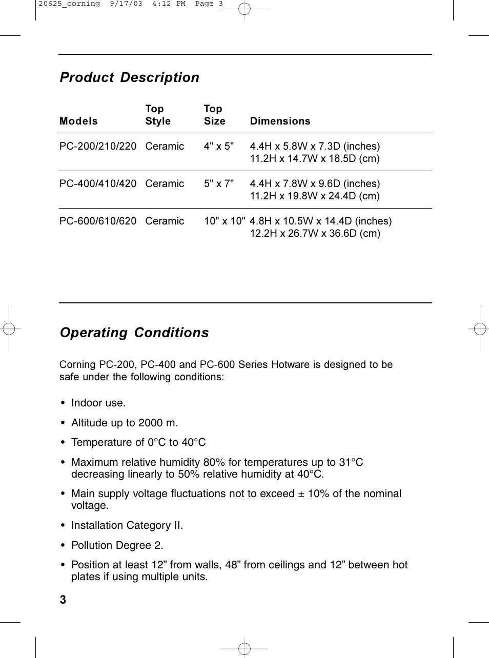 Product description, Operating conditions | Carolina Corning Hot Plate Stirrer 120 V User Manual | Page 4 / 14