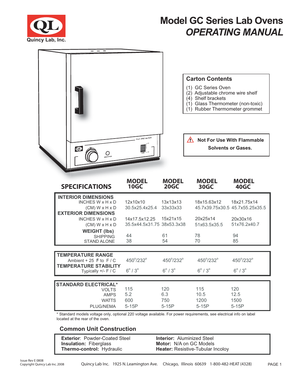 Carolina GC Series Lab Ovens User Manual | 4 pages
