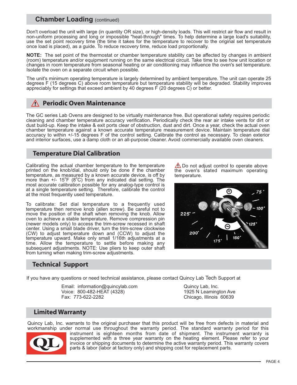 Limited warranty, Technical support temperature dial calibration, Periodic oven maintenance | Chamber loading | Carolina GC Series Lab Ovens User Manual | Page 4 / 4