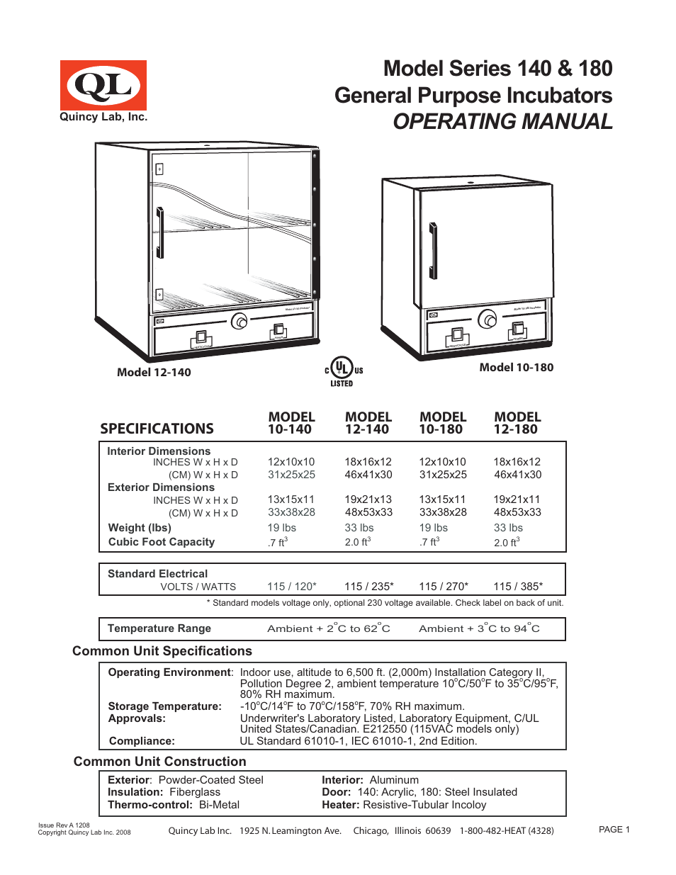 Carolina 140 Series General Purpose Incubators User Manual | 4 pages