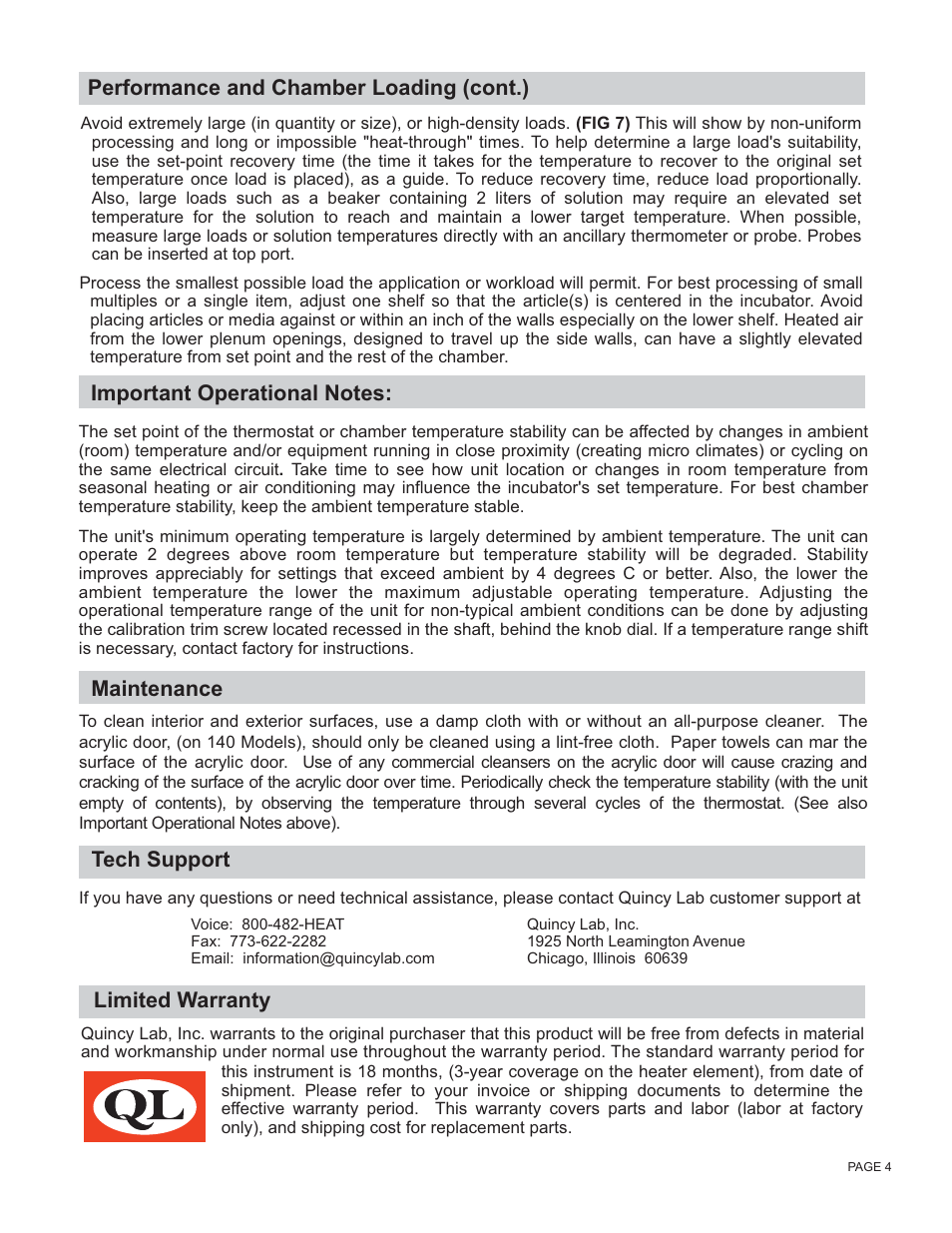 Maintenance, Performance and chamber loading (cont.), Tech support limited warranty | Carolina 140 Series General Purpose Incubators User Manual | Page 4 / 4