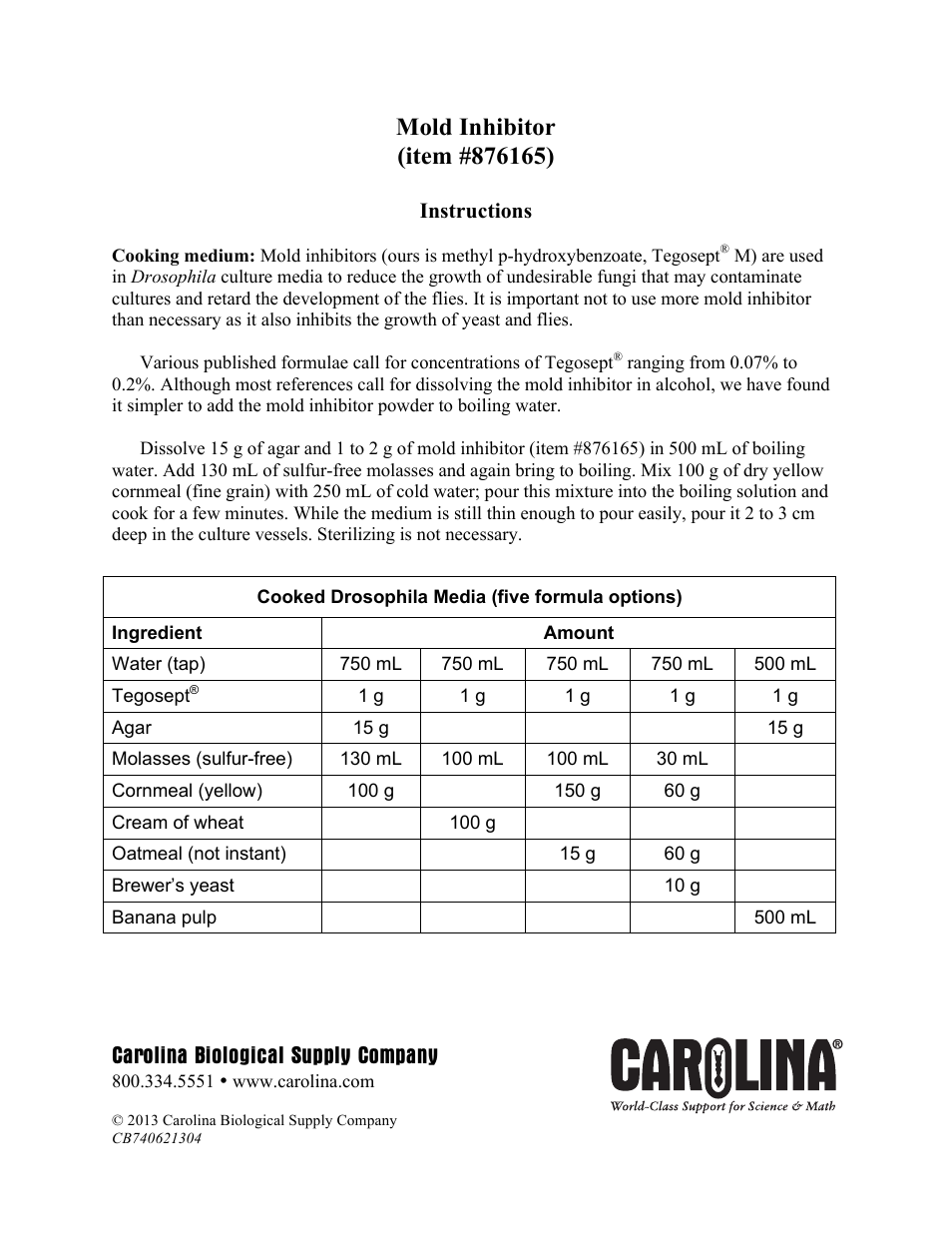 Carolina Mold Inhibitor 876165 User Manual | 1 page