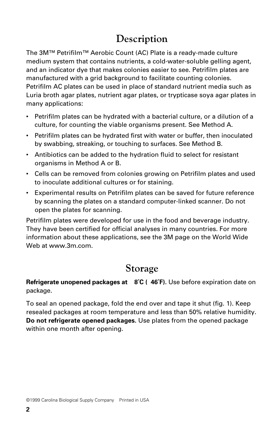 Description, Storage | Carolina 3M Petrifilm Aerobic Count Plates User Manual | Page 2 / 8