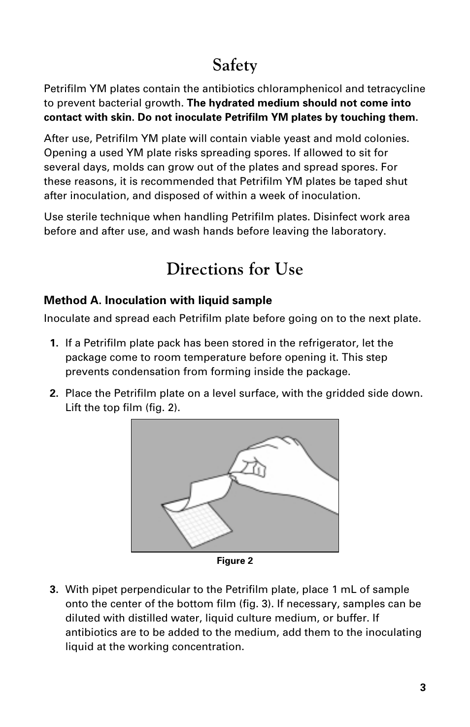 Safety, Directions for use | Carolina 3M Petrifilm Yeast & Molds Count Plates User Manual | Page 3 / 8