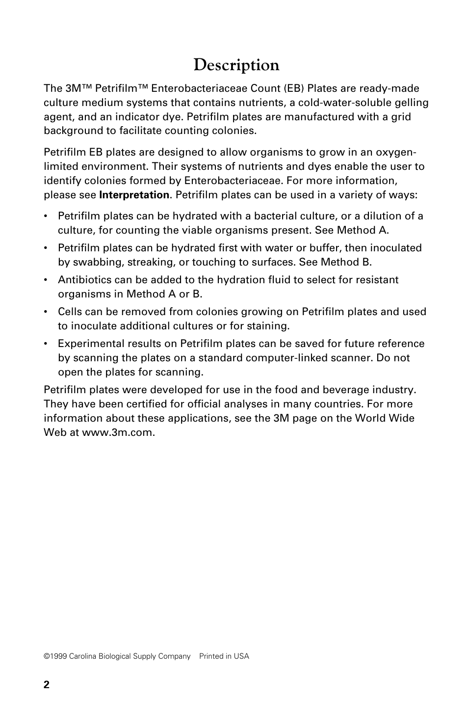 Description | Carolina 3M Petrifilm Enterobacteriaceae Count Plates User Manual | Page 2 / 12