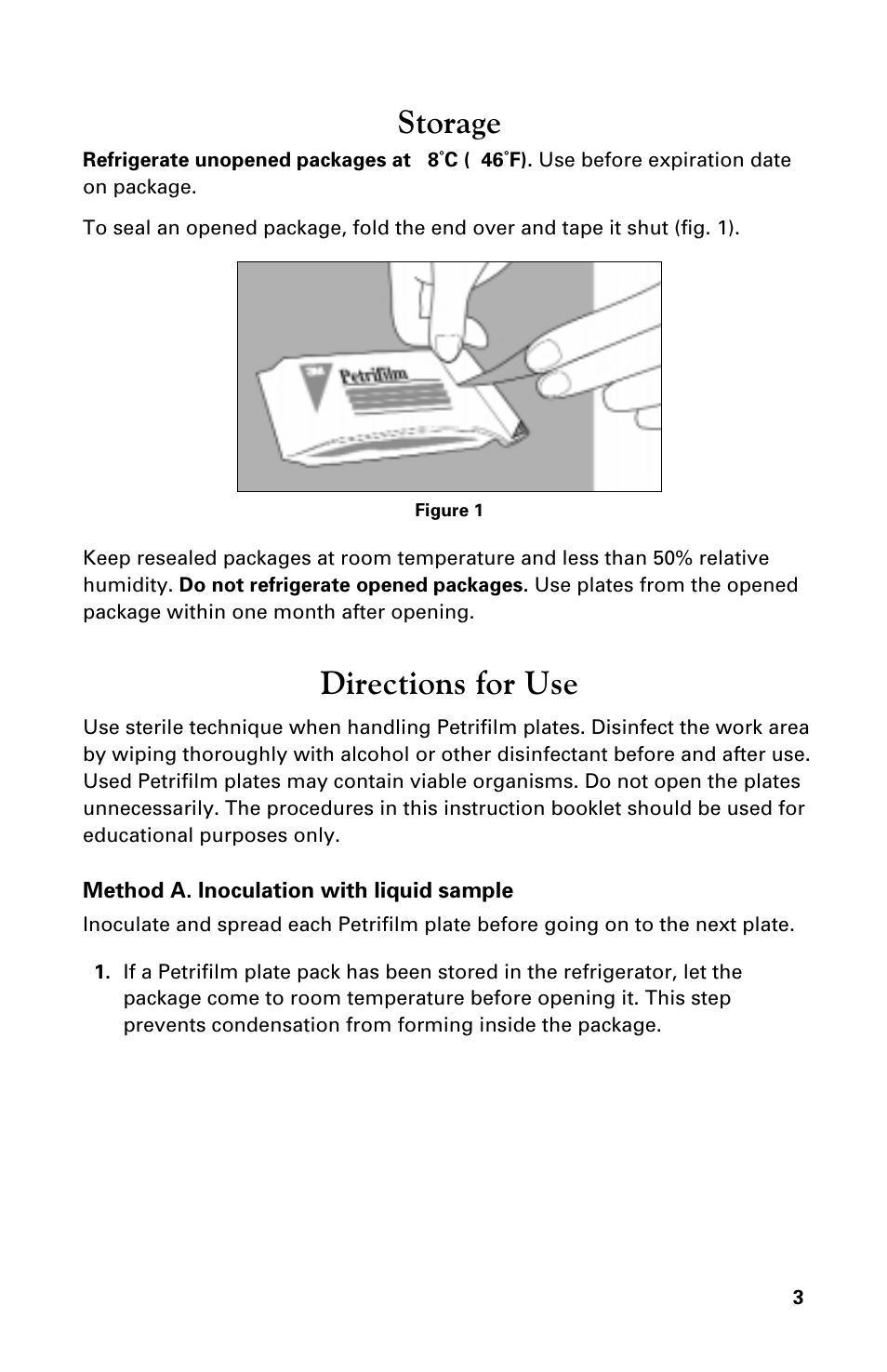 Storage, Directions for use | Carolina 3M Petrifilm E.Coli/Coliform Count Plates User Manual | Page 3 / 12