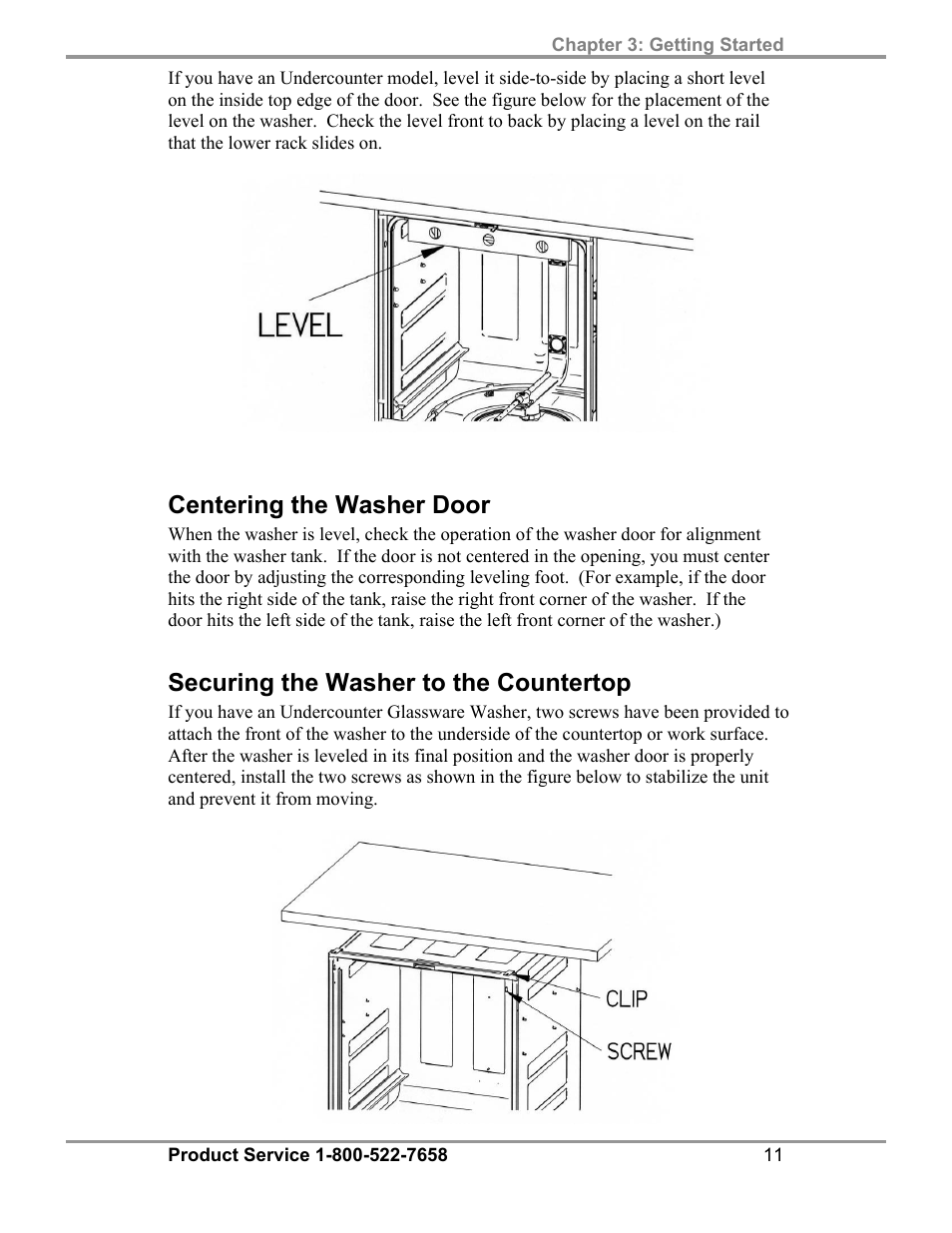 Centering the washer door, Securing the washer to the countertop | Carolina 44003,44004,44203,44204 Series SteamScrubber & FlaskScrubber Glassware Washers User Manual | Page 15 / 72