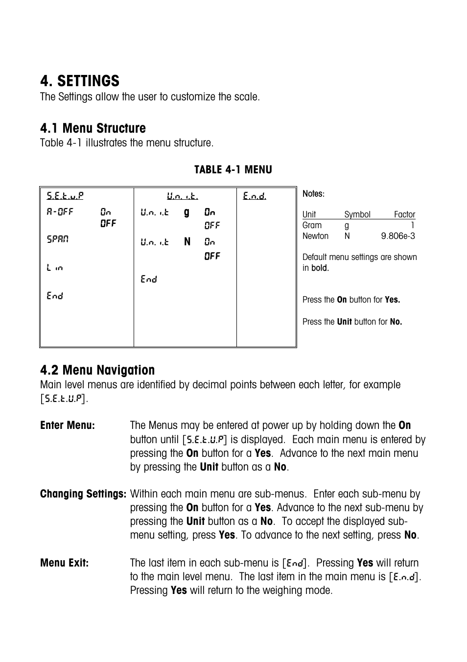 Menu structure, Settings, 1 menu structure | 2 menu navigation | Carolina Electronic Balances User Manual | Page 8 / 13