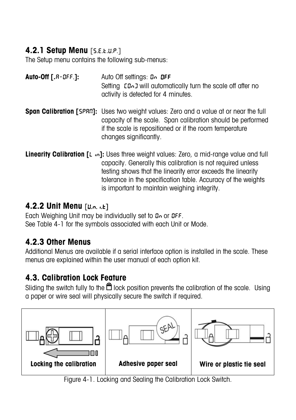 Setup menu, Unit me, Calibration lock feature | 1 setup menu, 2 unit menu, 3 other menus | Carolina Electronic Balances User Manual | Page 9 / 13