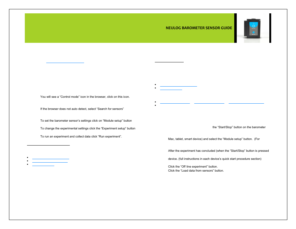 Neulog barometer sensor guide | Carolina NeuLog Barometer User Manual | Page 2 / 4
