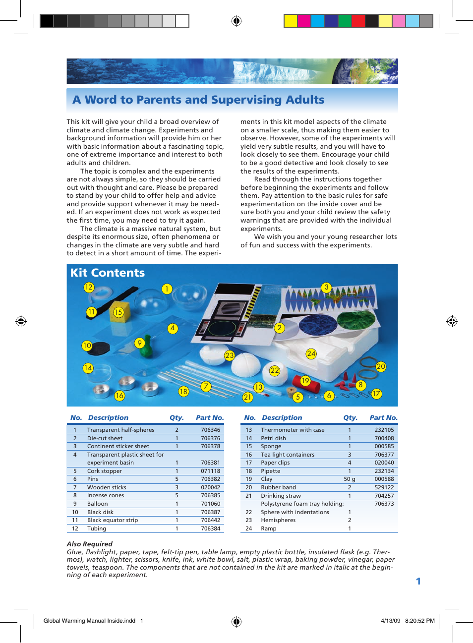 Global warming manual inside, A word to parents and supervising adults, Kit contents | Carolina Global Warming User Manual | Page 2 / 5
