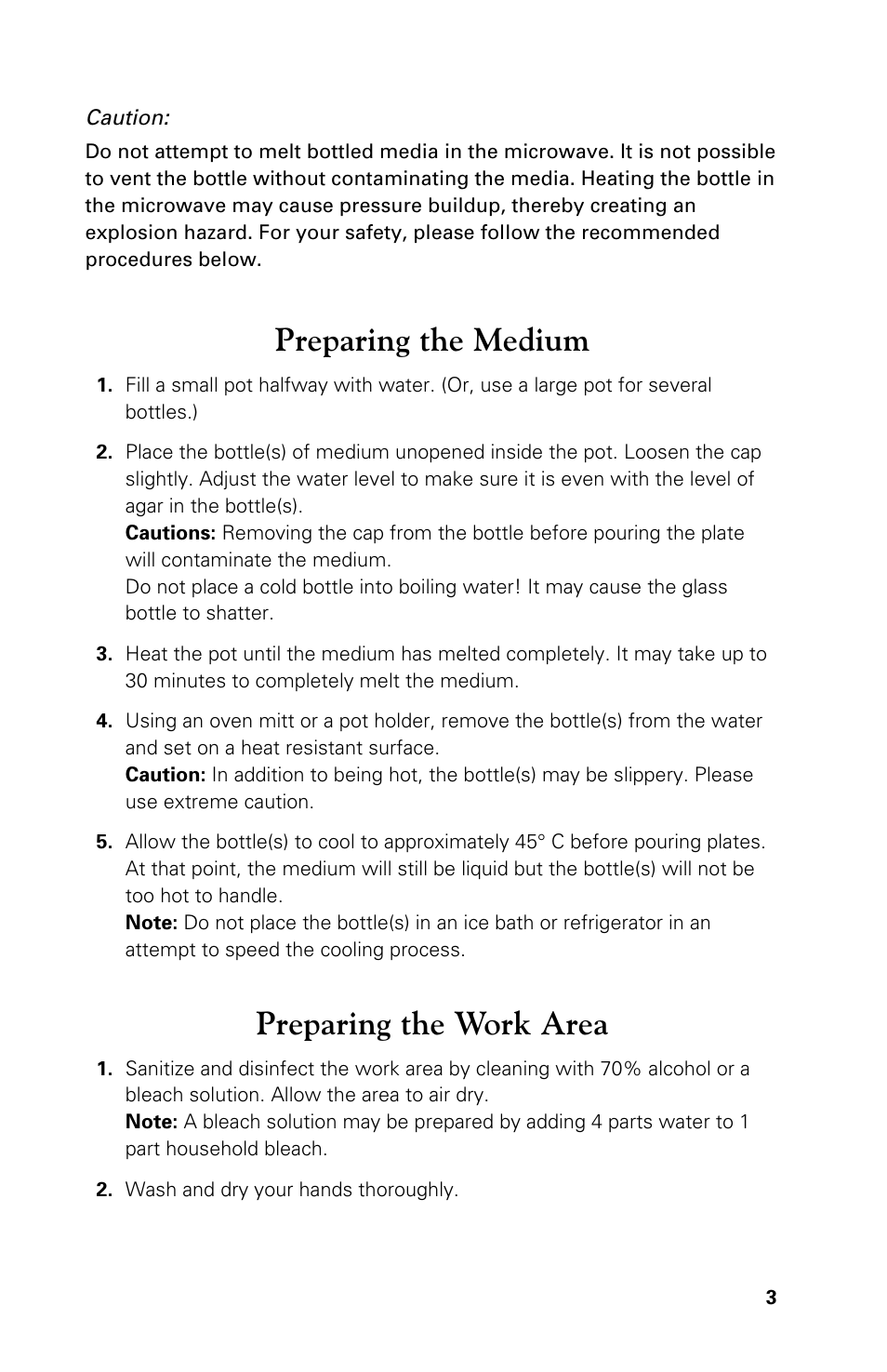 Preparing the medium, Preparing the work area | Carolina Bottled Media User Manual | Page 3 / 8