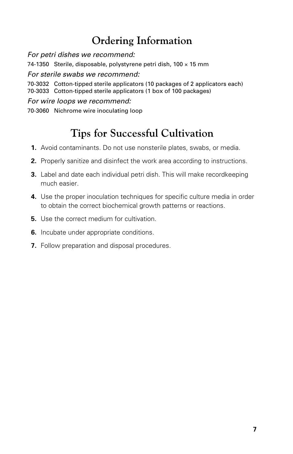 Ordering information, Tips for successful cultivation | Carolina Bottled Media User Manual | Page 7 / 8