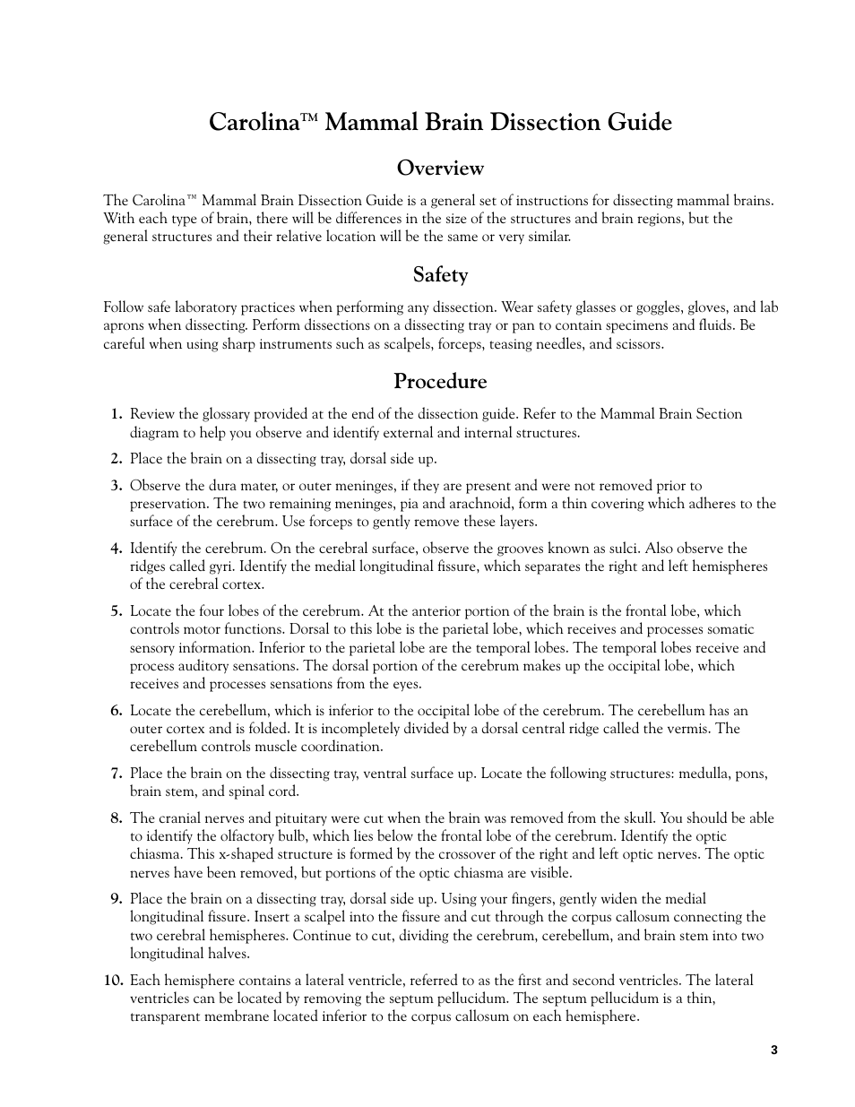 Carolina, Overview, Safety | Procedure | Carolina Mammal Brain Dissection Guide User Manual | Page 3 / 7