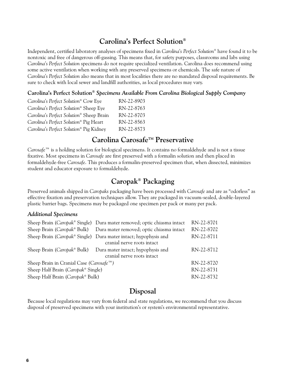 Carolina’s perfect solution, Carolina carosafe, Preservative | Caropak, Packaging, Disposal | Carolina Mammal Brain Dissection Guide User Manual | Page 6 / 7