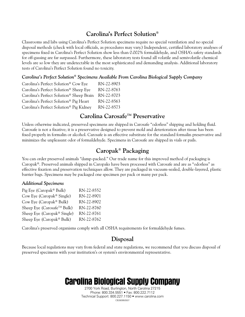 Carolina biological supply company, Carolina’s perfect solution, Carolina carosafe | Preservative, Caropak, Packaging, Disposal | Carolina Mammal Eye Dissection Guide User Manual | Page 4 / 4