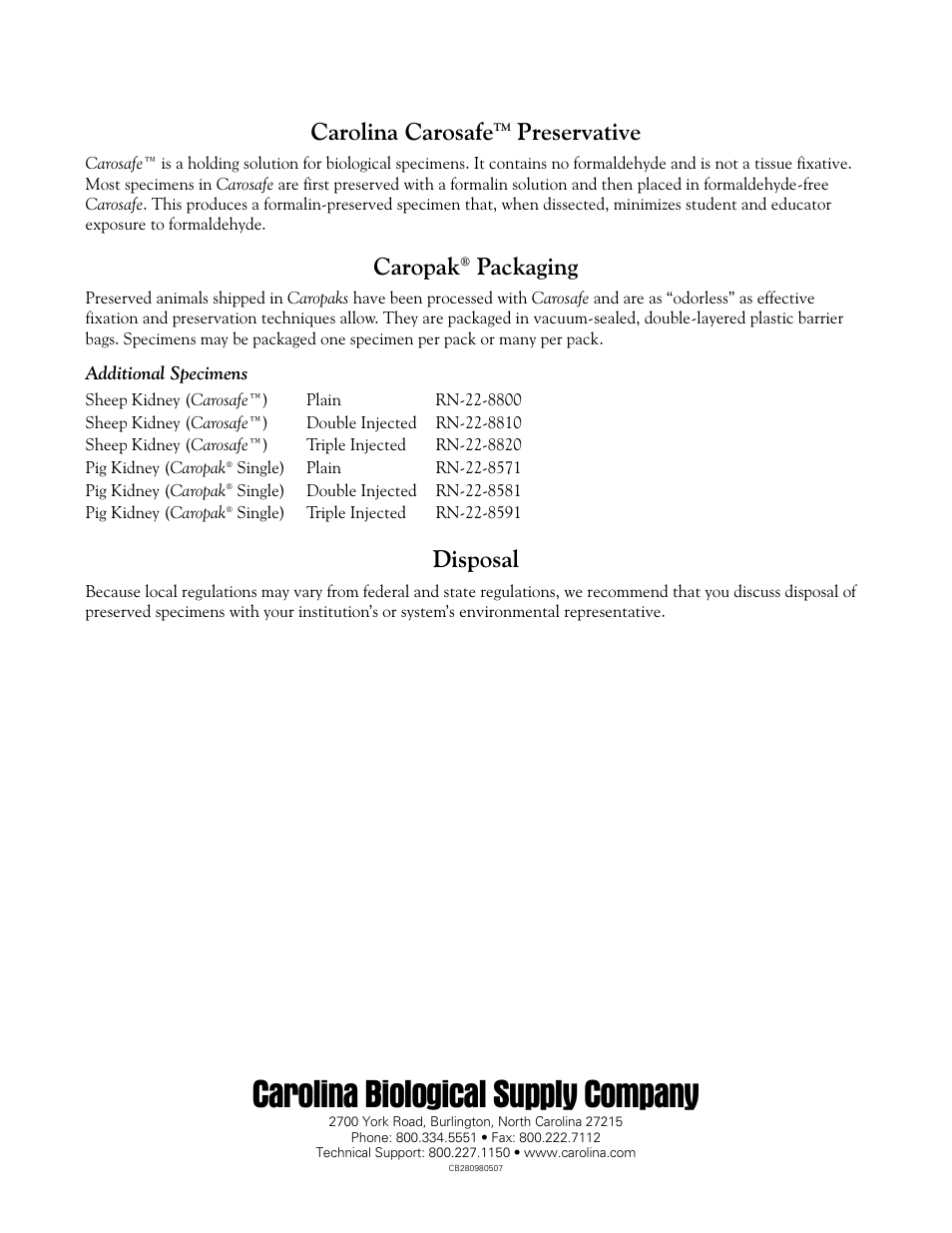 Carolina biological supply company, Carolina carosafe, Preservative | Caropak, Packaging, Disposal | Carolina Mammal Kidney Dissection Guide User Manual | Page 4 / 4