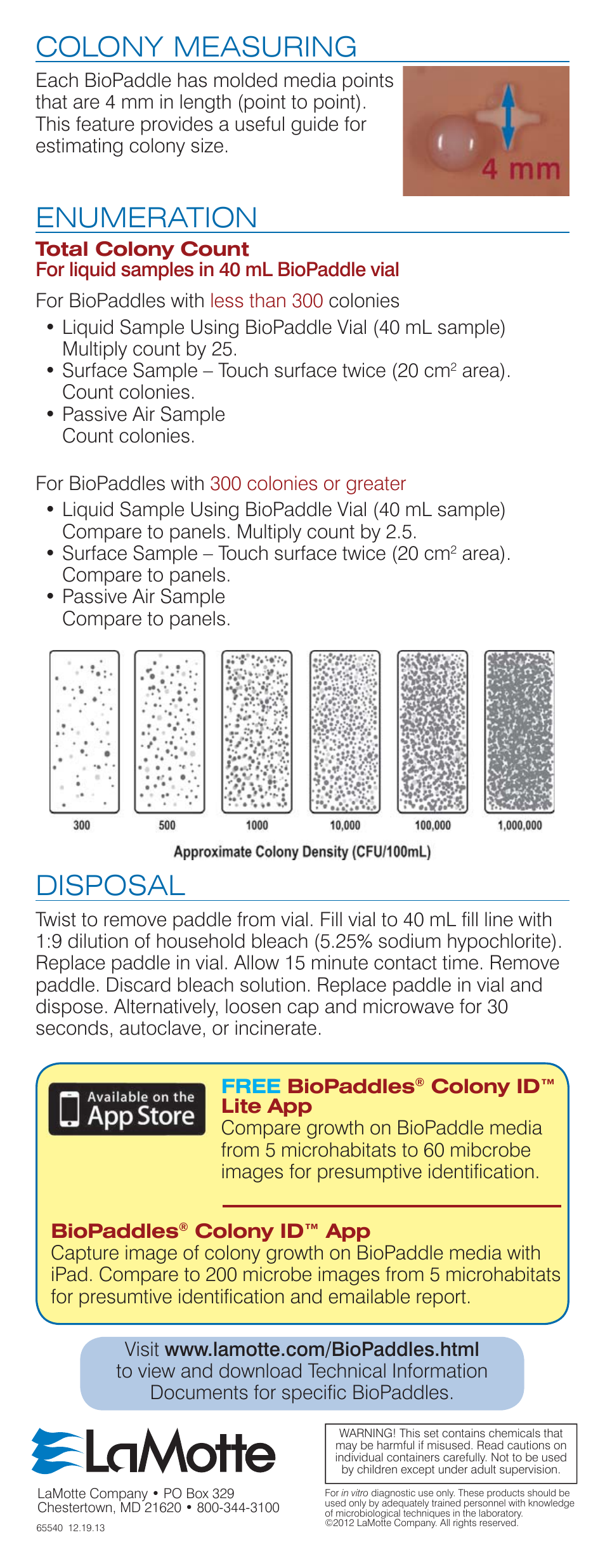 Colony measuring, Enumeration, Disposal | Carolina BioPaddles User Manual | Page 2 / 2