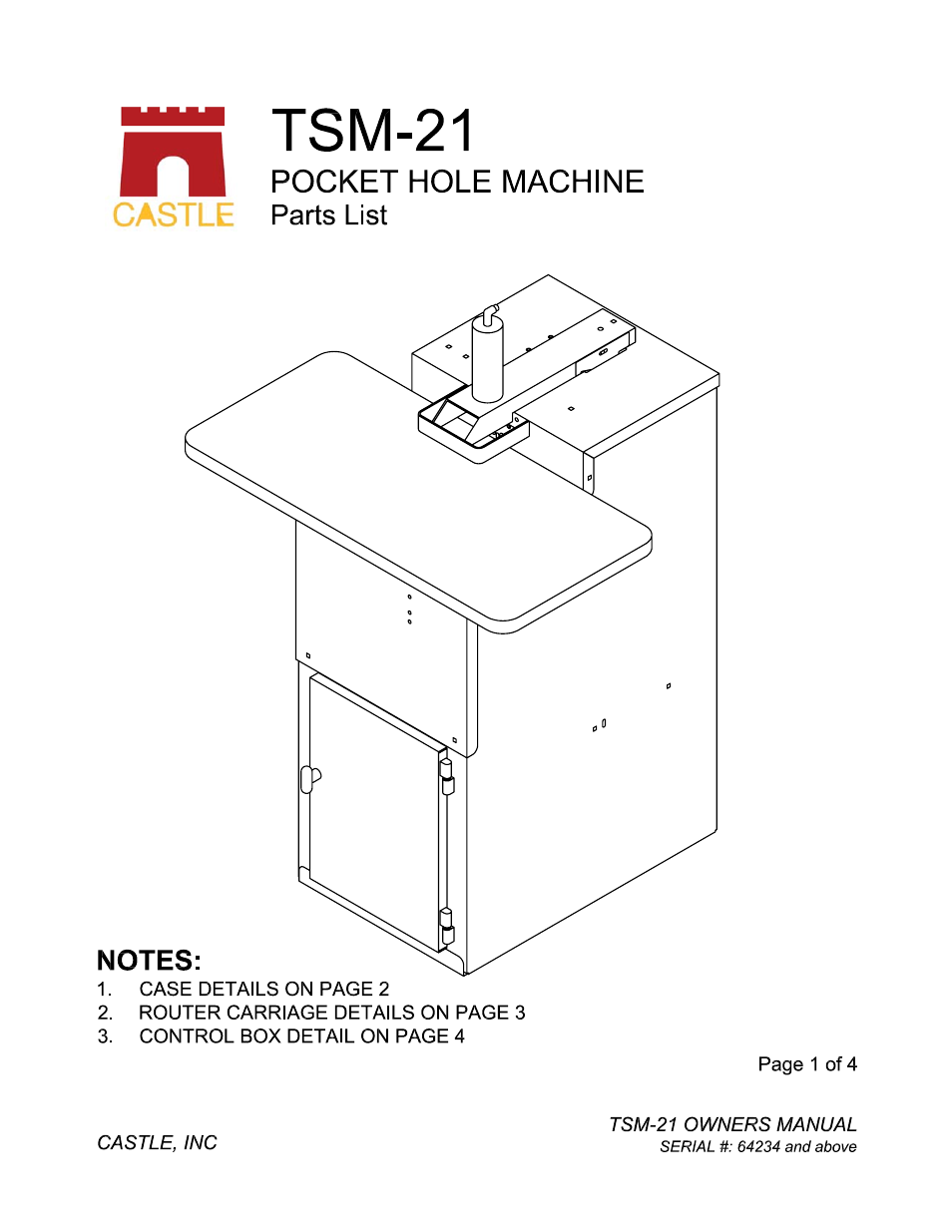 Castle TSM-21 Serial 64234 and above Assembly Drawing & Parts User Manual | 8 pages