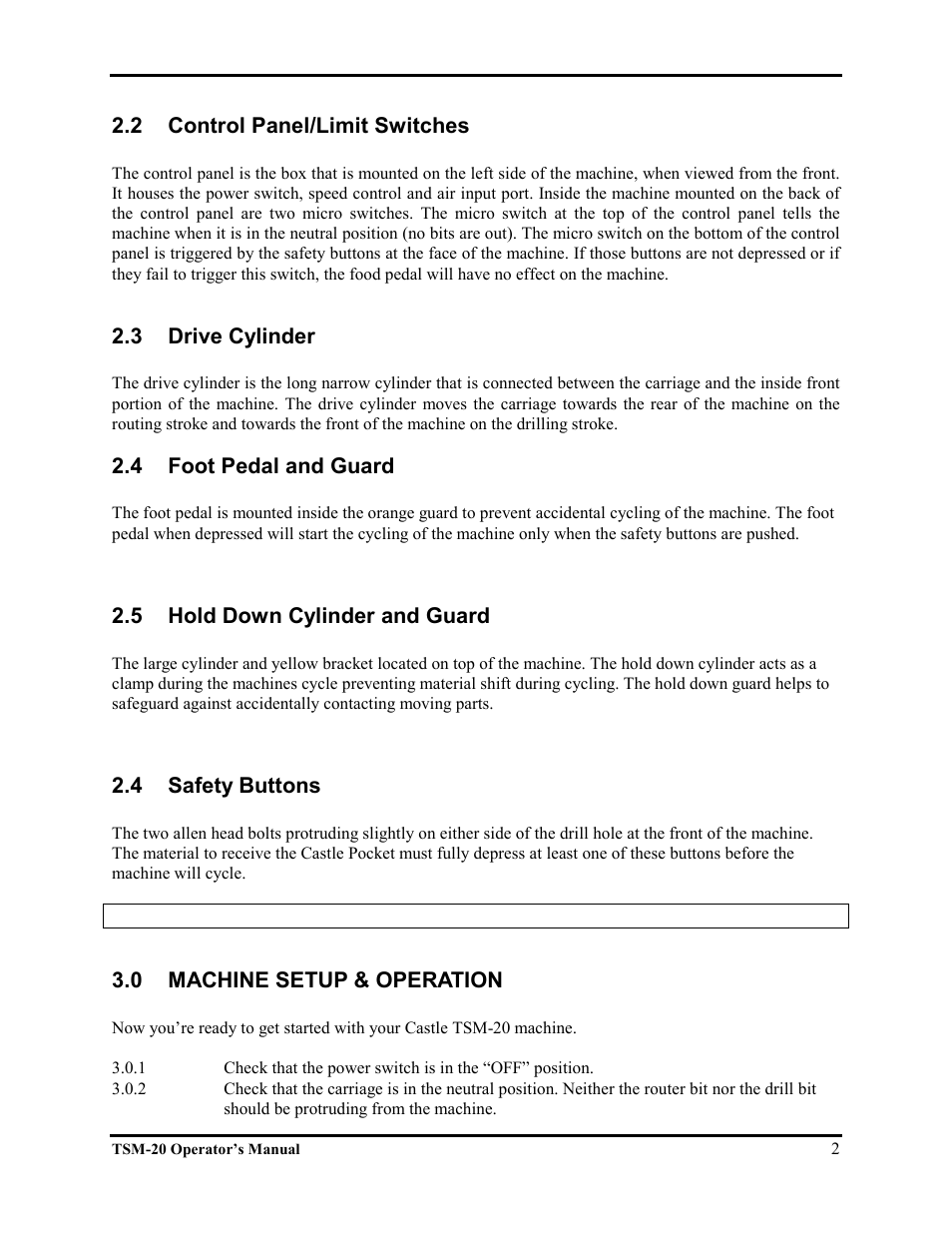 2 control panel/limit switches, 3 drive cylinder, 4 foot pedal and guard | 5 hold down cylinder and guard, 4 safety buttons, 0 machine setup & operation | Castle TSM-20 Operator Manual User Manual | Page 4 / 7