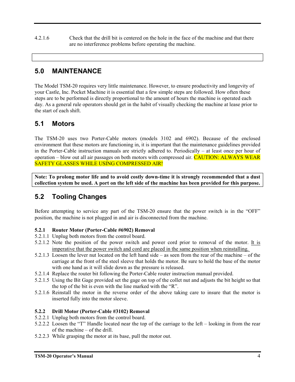 0 maintenance, 1 motors, 2 tooling changes | Castle TSM-20 Operator Manual User Manual | Page 6 / 7